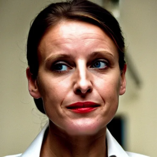 Prompt: female Emmanuel Macron in American Psycho (1999)