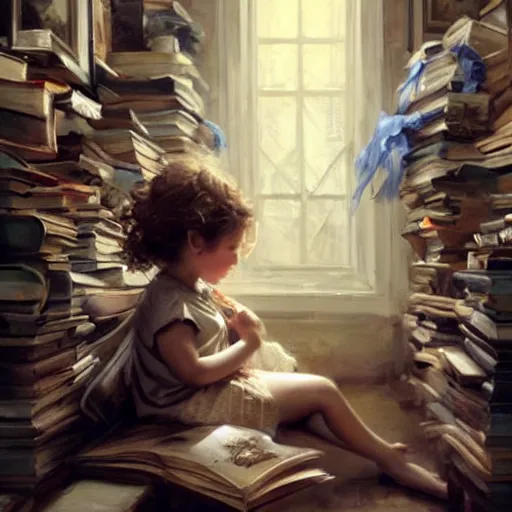 Image similar to a little girl with short curly light brown hair and blue eyes sitting in amidst tall piles of books. beautiful painting by raymond swanland and magali villanueve, beautiful detailed face.