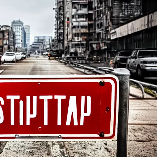 Image similar to stop sign in a dystopian city