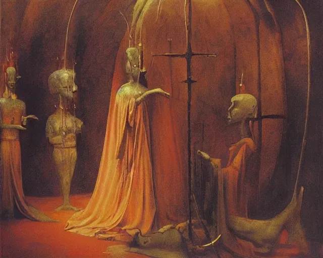 Image similar to devotion to the scarlet woman, priestess in a conical hat, coronation, ritual, sacrament, by francis bacon, beksinski, bosch, mystical redscale photography, opulence, luxury, maximalism.