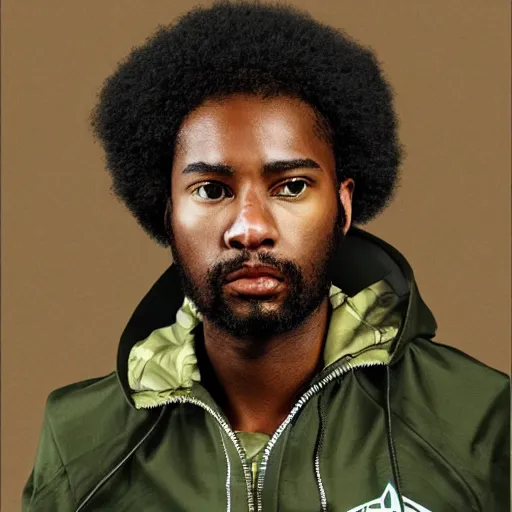 Image similar to black man with afro hair and raspy beard stubble, wearing an army green adidas jacket by dave mckean