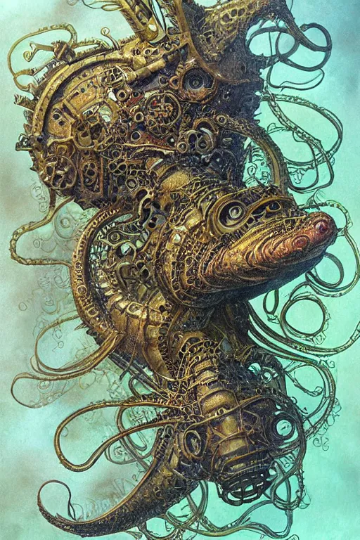 Image similar to steampunk axolotl tentacle fish, masterpiece, intricate, elegant, highly detailed, digital painting, smooth, sharp focus, illustration, art by james gurney, graeme base, brian froud, alan lee