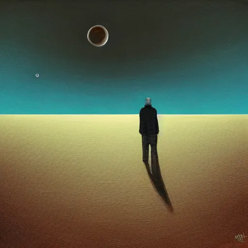 Prompt: a lonely man standing on a deserted planet, acrylic art, painting, canvas, gloomy, digital art,