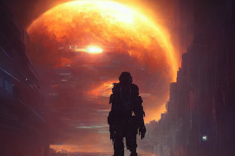 Image similar to portrait sci-fi art by Greg Rutkowski and Ruan Jia and artgerm, a glowing alien miniature sun floating above the hand of a soldier, solar flares, futuristic environment, detailed and intricate environment, fractal biomech, cyberpunk, neon color, chrome, dramatic lighting, cinematic, high technology, digital symbols, highly detailed portrait, digital painting, artstation, concept art, smooth, sharp focus, ilustration, Artstation HQ