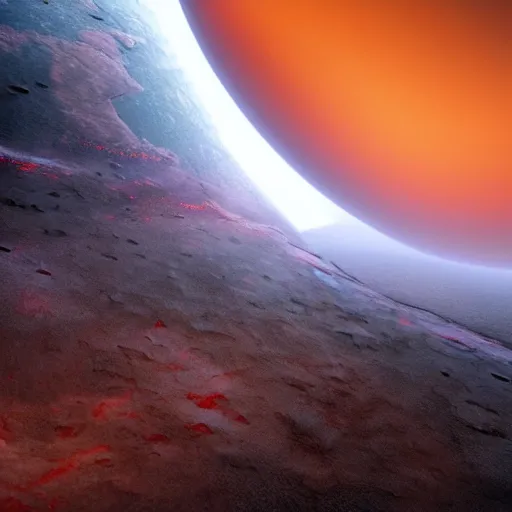 Prompt: picture of the surface of a volcanic planet taken from the window of a space shuttle in orbit, highly detailed, octane render, 4 k, unreal engine