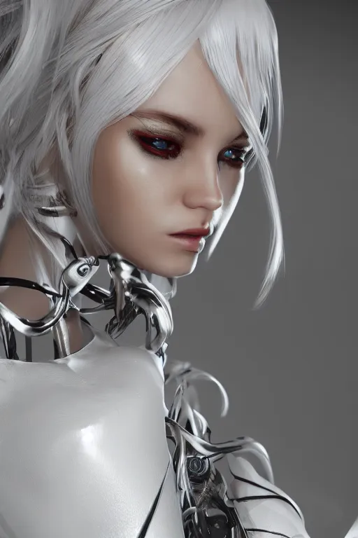 Image similar to white cyborg fashion shot, copper spiral hair decorations, white elegant baroque design, pretty faces, headshot half figure, photorealistic, 8k, hyper detailed, unreal engine, trending on artstation,