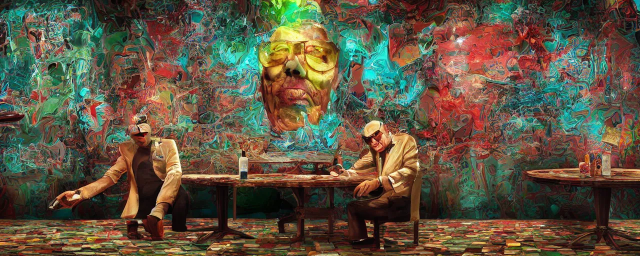 Prompt: hunter s thompson sitting at a 1 9 6 0's poker table in a melting casino with dripping woodtextured walls, by igor morski, by josip csoor, by laurie lipton, rendered in lumion, 8 k resolution, psychedelic lighting, shrooms, muted color scheme, lsd, trending on artstation