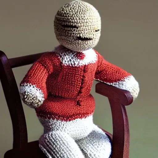 Image similar to realistic knitted doll ryan gosling sitting on a chair, lethal preservation, proportions, high quality, realism, foreground focus,