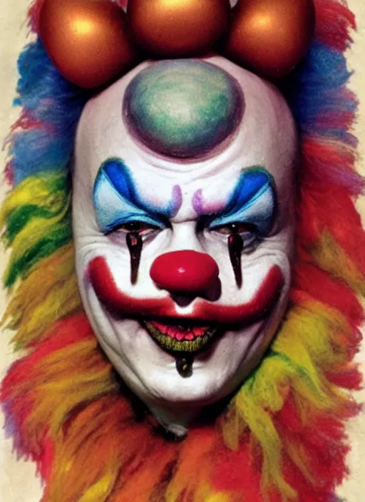 Image similar to Clown Frog King, clown world, clown makeup and rainbow wig, portrait by Frank Frazetta