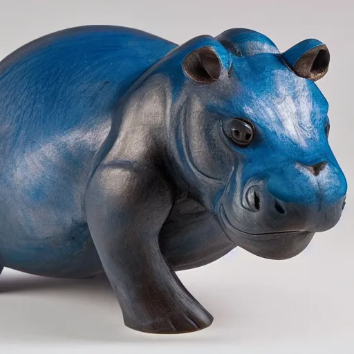 Prompt: a small smooth hippo statue carved from natural wood, dipped in polished blue ceramic, half and half, mixed media, side view