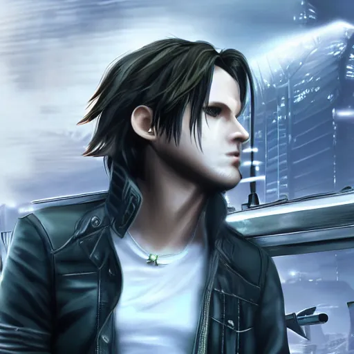 Image similar to photorealistic squall leonhart in a sci fi city