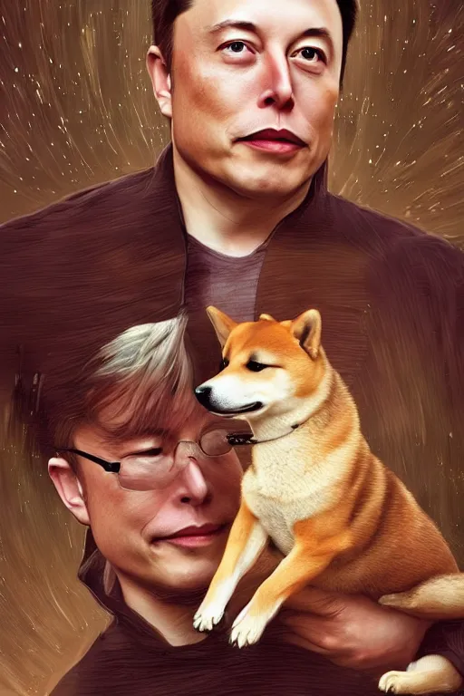 Image similar to photorealistic portrait photograph of elon musk with a shiba inu dog, handsome, depth of field, soft focus, highly detailed, intricate, realistic, national geographic cover, soft glow, textured, artstation, concept art, sharp focus, illustration, art by artgerm and greg rutkowski and alphonse mucha