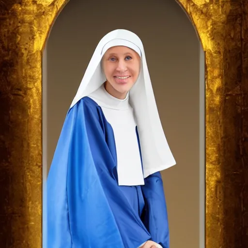 Image similar to blonde nun in blue clothes on roller skates, photorealistic, baroque style