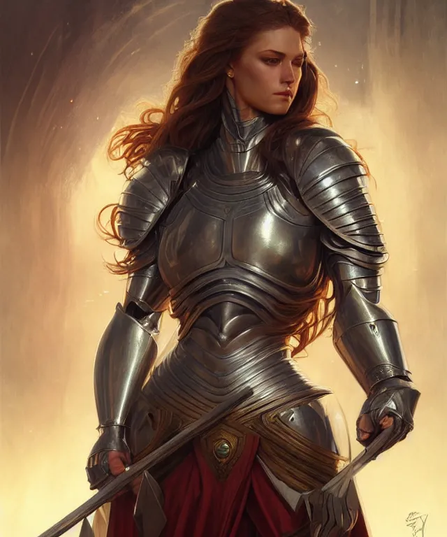 Image similar to Muscular and powerful medieval knight woman portrait, sci-fi, amber eyes, face, long hair, fantasy, intricate, elegant, highly detailed, digital painting, artstation, concept art, smooth, sharp focus, illustration, art by artgerm and greg rutkowski and alphonse mucha