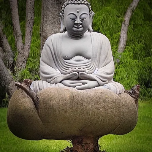 Prompt: “ cute buddha - like pig meditating on top of a large mushroom, large willow tree in the background. ”