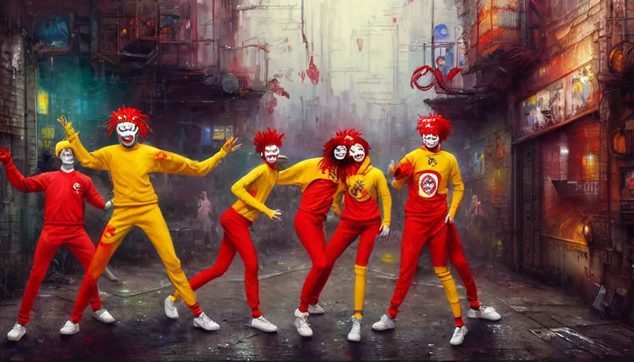 Image similar to highly detailed painting of a group of ronald mcdonalds with red afros, white facepaint, red noses and yellow tracksuits dancing in a cyberpunk alleyway by william turner, by greg rutkowski, by william constable, thick brush strokes and visible paint layers, 4 k resolution, retrowave colour scheme