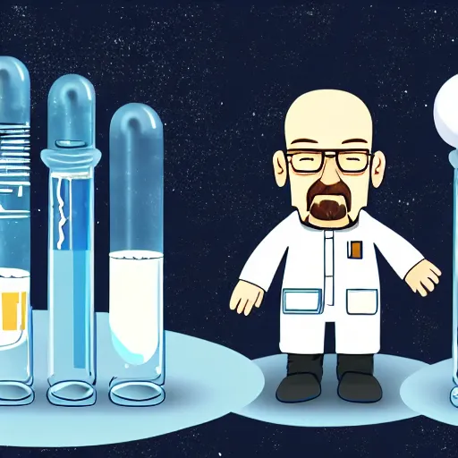 Prompt: Walter White on the moon, with test tubes and beakers filled with various liquids