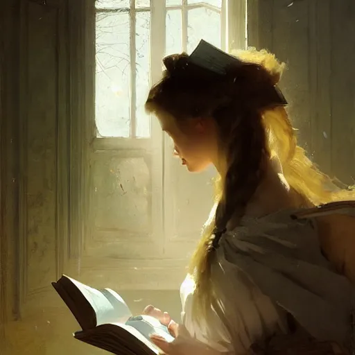 Image similar to a girl reading a book, her hair flowing down, by omar ortiz, carl spitzweg, ismail inceoglu, vdragan bibin, hans thoma, greg rutkowski, wayne forrest, krzysztof lukasiewicz, perfect face, fine details, centered, rule of thirds, photorealistic shading