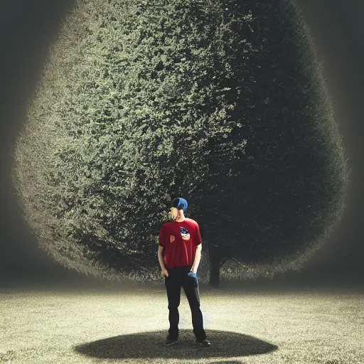 Image similar to a man in a baseball cap standing in front of a tree, a picture by Mac Conner, reddit, postminimalism, handsome, bryce 3d, aesthetic