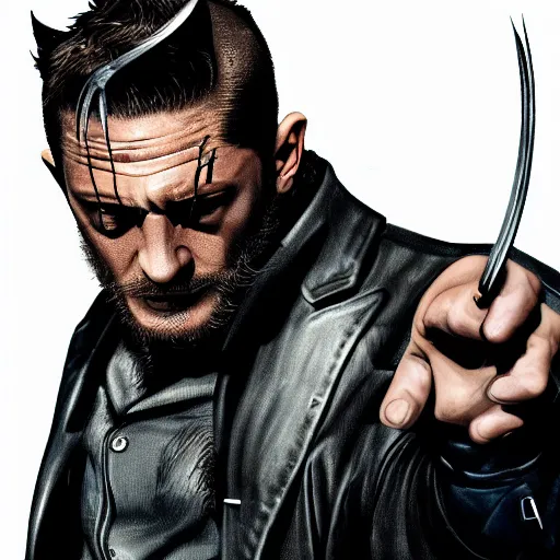 Image similar to Tom Hardy as wolverine in Black leather suit Digital art 4K quality Photorealism