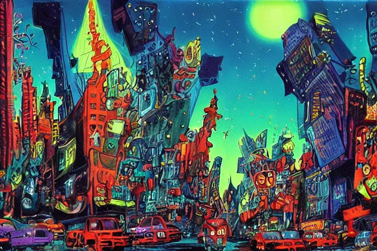 Image similar to surreal colorful nightmarish cityscape, artwork by ralph bakshi