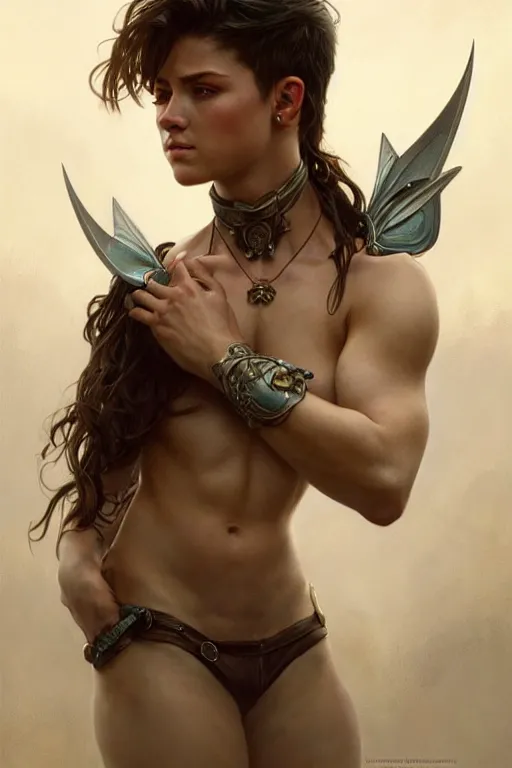 Image similar to photorealistic portrait of a young butch fae woman, handsome, female, masculine, upper body, fantasy, fierce, sharp features, intricate, elegant, highly detailed, digital painting, artstation, concept art, matte, sharp focus, illustration, art by artgerm and greg rutkowski and alphonse mucha