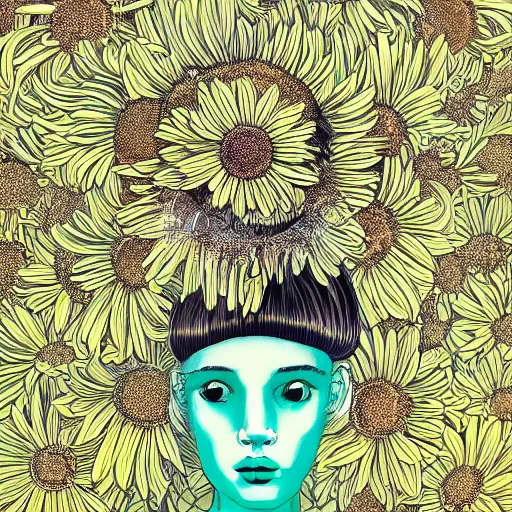 Prompt: closeup, huge daisy flower head, woman in modern apartment, surreal photography, dramatic light, by victo ngai by james jean, by rossdraws, frank franzzeta, mcbess