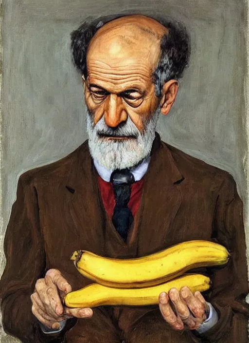 Image similar to “portrait of sigmund Freud eating a banana, by lucian freud, Freudian, fleshy, visible brush strokes, in oil”