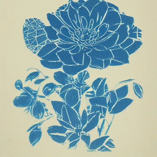 Prompt: a cyanotype of illustrated flowers