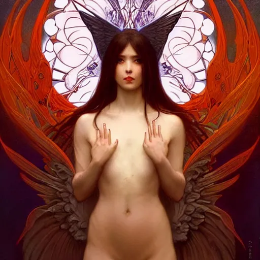 Image similar to A portrait of A beautiful!! angel in black flame by Ross Tran!!! and alphonse mucha and greg rutkowski! and gustav doré! and Zdzisław Beksiński!,In style of digital art illustration.Symmetry.Highly detailed face.Fantasy,smooth,hyper detailed,sharp focus,Soft light.trending on artstation.