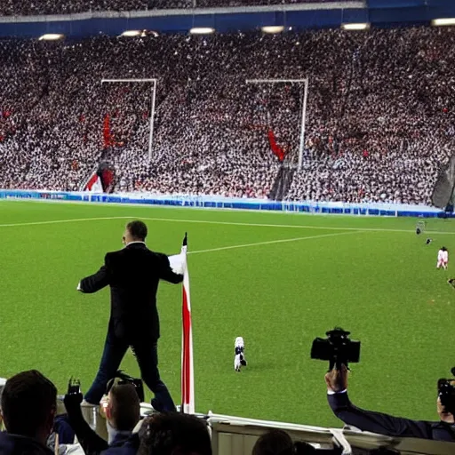 Prompt: Benjamin Netanyahu scoring a goal, soccer stadium