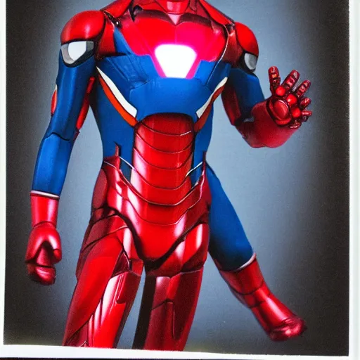 Image similar to a single iron man and spider - man hybrid, dslr, polaroid