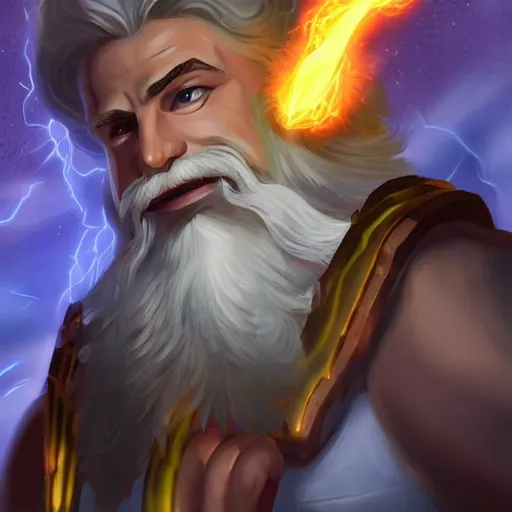 Image similar to Zeus with white beard and hair, lightning bolt in Zeus's hand, hearthstone art style, epic fantasy style art, fantasy epic digital art, epic fantasy card game art