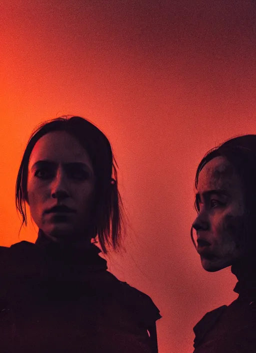 Image similar to cinestill 5 0 d photographic portrait of two loving female androids wearing rugged black techwear on a desolate plain with a red sky, extreme closeup, cyberpunk style, in front of a brutalist dark metal facility, dust storm, 8 k, hd, high resolution, 3 5 mm, f / 3 2, ultra realistic faces, ex machina