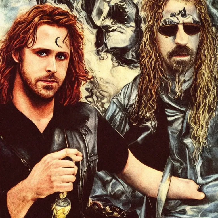 Image similar to Pre-Raphaelite portrait of Ryan Gosling as the leader of the cult 1980s heavy metal band \'Metallica\', with very long blond hair and grey eyes, high saturation