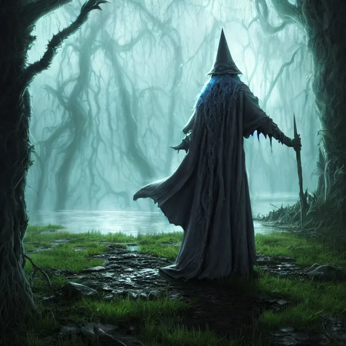 Image similar to mystical wizard in haunted swamp, highly detailed, d & d, fantasy, highly detailed, digital painting, trending on artstation, concept art, sharp focus, illustration, global illumination, ray tracing, realistic shaded, art by artgerm and greg rutkowski and fuji choko and viktoria gavrilenko and hoang lap