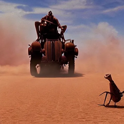 Image similar to frame from movie rango (2011), movie madmax fury road (2015) in a sandstorm