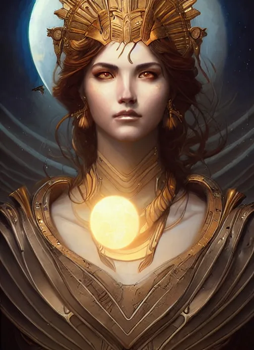 Prompt: portrait of artemis, goddess of the moon, digital art by artgerm, ( ( greg rutkowski and gaston bussiere ) ), android jones and karol bak