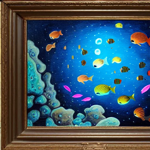 Image similar to i am at the bottom of the ocean looking up, see fishes swimming, the milk way up above, night time, midnight. highly detailed painting 8 k