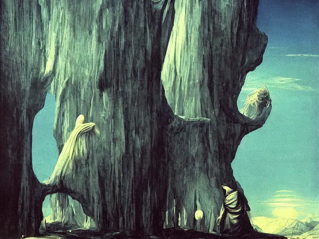 Prompt: Strange old man with white cloth on an alien planet dominated by giant moths with blue-eyed wings. Thick gothic cathedral smoke. Surreal, melancholic. Painting by Caravaggio, Caspar David Friedrich, Roger Dean