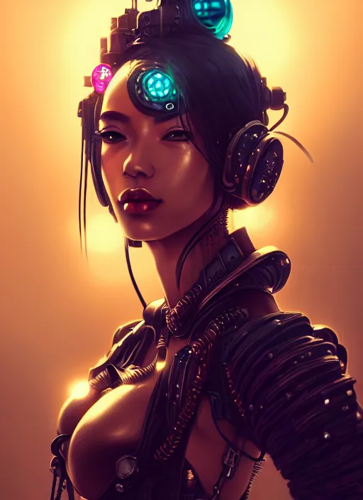 Image similar to soft lustrous ebony geisha seductive raver gutter punk steampunk cyborg, golden ratio, details, scifi, fantasy, cyberpunk city, intricate, decadent, highly detailed, octane render, digital painting, artstation, concept art, sharp focus, illustration, art by artgerm, loish, wlop
