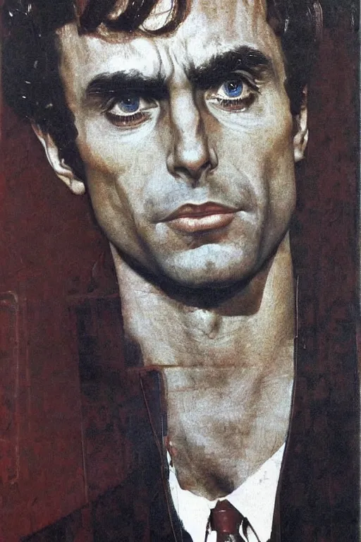 Image similar to a closer personal portrait of ted bundy with very piercing eyes, very charismatic. in the old ancient temple of luxor. masterpiece, dark. painted by norman rockwell and james gurney