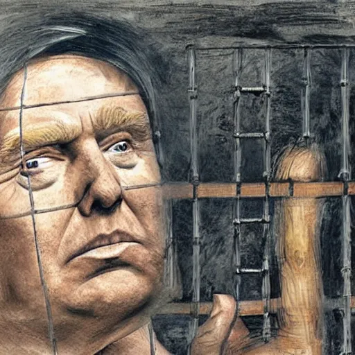 Image similar to donald trump as a prisoner behind bars in prison clothing, sad, dramatic, powerful, painted by leonardo da vinche