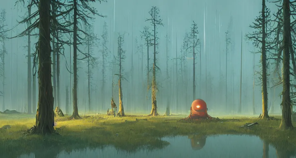 Image similar to A fantastic swamp, by simon stalenhag