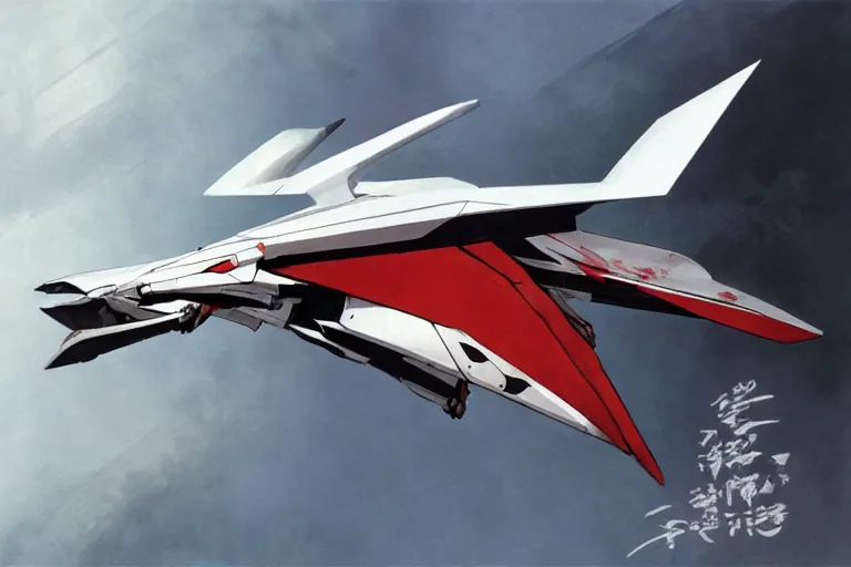 Image similar to a pteranodon mecha interceptor, white john berkey armor panels, wine-red and grey trim, robotech styling, with white Kanji markings outlined in black, boeing concept art painting, cinematic lighting, amazing lifelike cinematic photo render