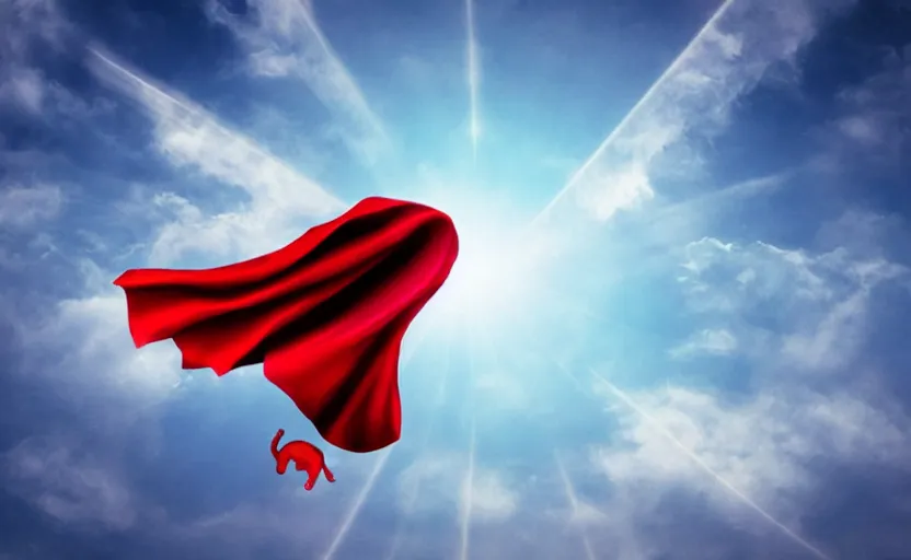 Image similar to cat with a red cape flying through the sky in a superman pose