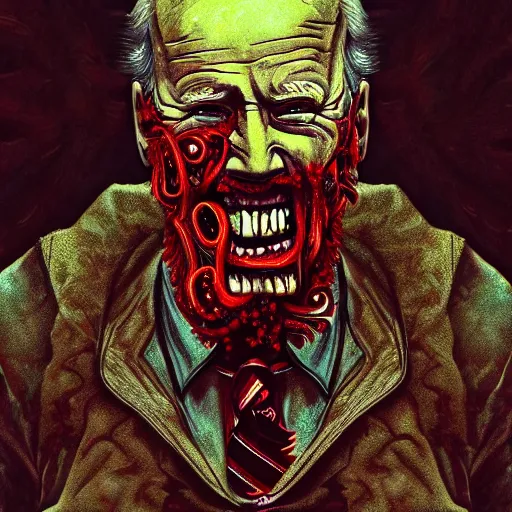 Image similar to biden became bloody ugly lovecraftian degenerate abomination, photo - realistic, color image, 2 k, highly detailed, bodyhorror, occult art, fractal structure