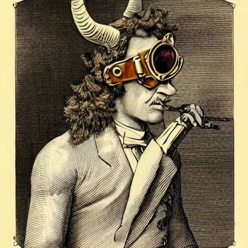 Image similar to steampunk satyr, side profile, three horns, goggles, smoking a cigar, auburn fur, victorian england, slim, sneaky