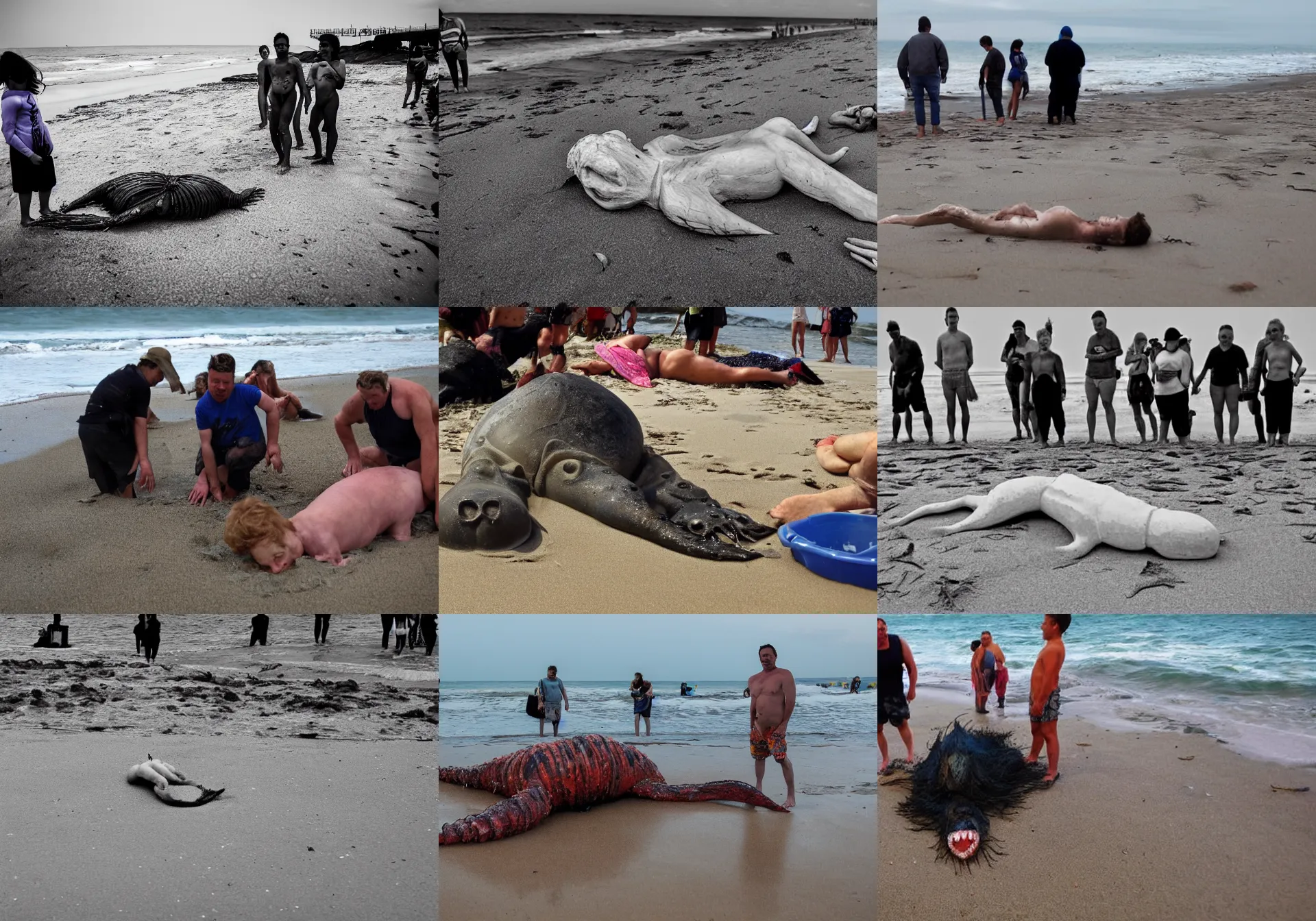 Prompt: a creepy creature washed up on the beach. the faces of the onlookers look uneasy..