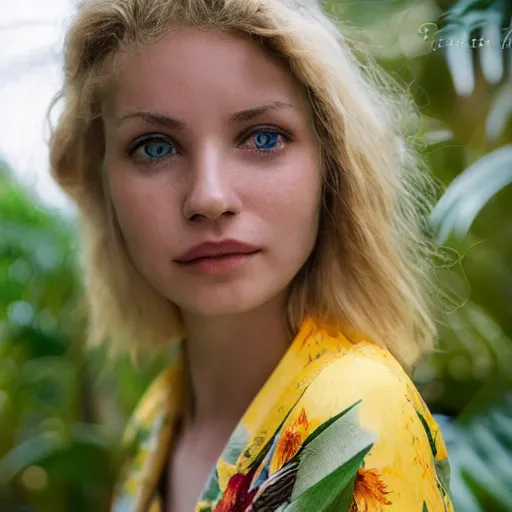 Prompt: petzval lens. shallow depth of field. head and shoulders portrait photograph of an extremely beautiful!!!! young blonde female. symetric face. round detailed eyes. with a very detailed barn owl! on her shoulder. wearing a yellow kimono!!.. in a tropical greenhouse. featured on flickr, art photography, photo taken with provia,